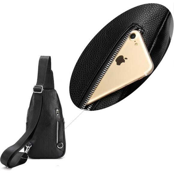 Genuine Leather Sling Bag Unisex Crossbody Purse Travel Daypack Black - Picture 6 of 7